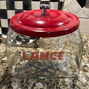 Vintage Lance Crackers Red and Clear Glass Kitchen Jar with Metal Lid.